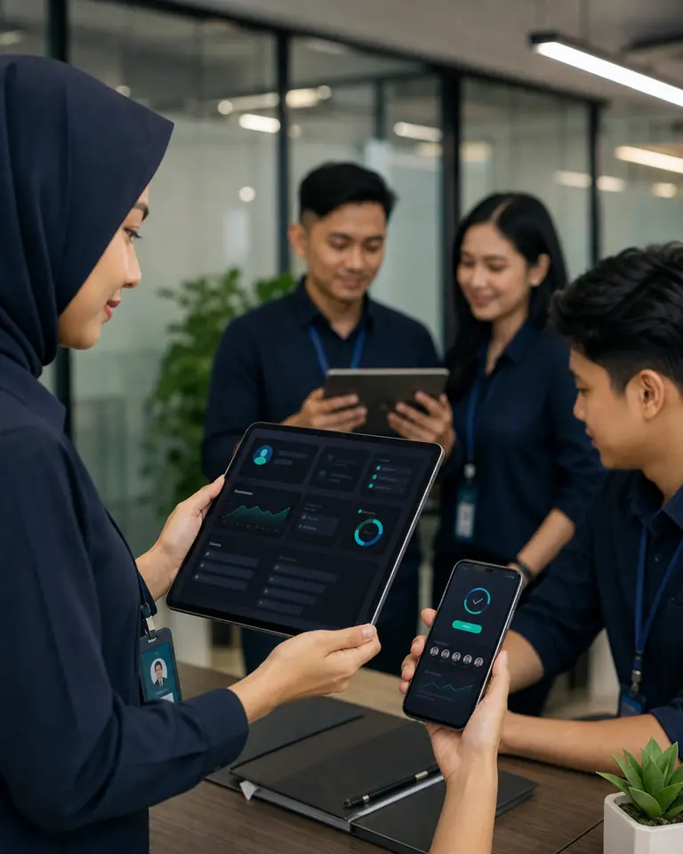 Tim HR menggunakan aplikasi HRIS .Maju di perangkat mobile